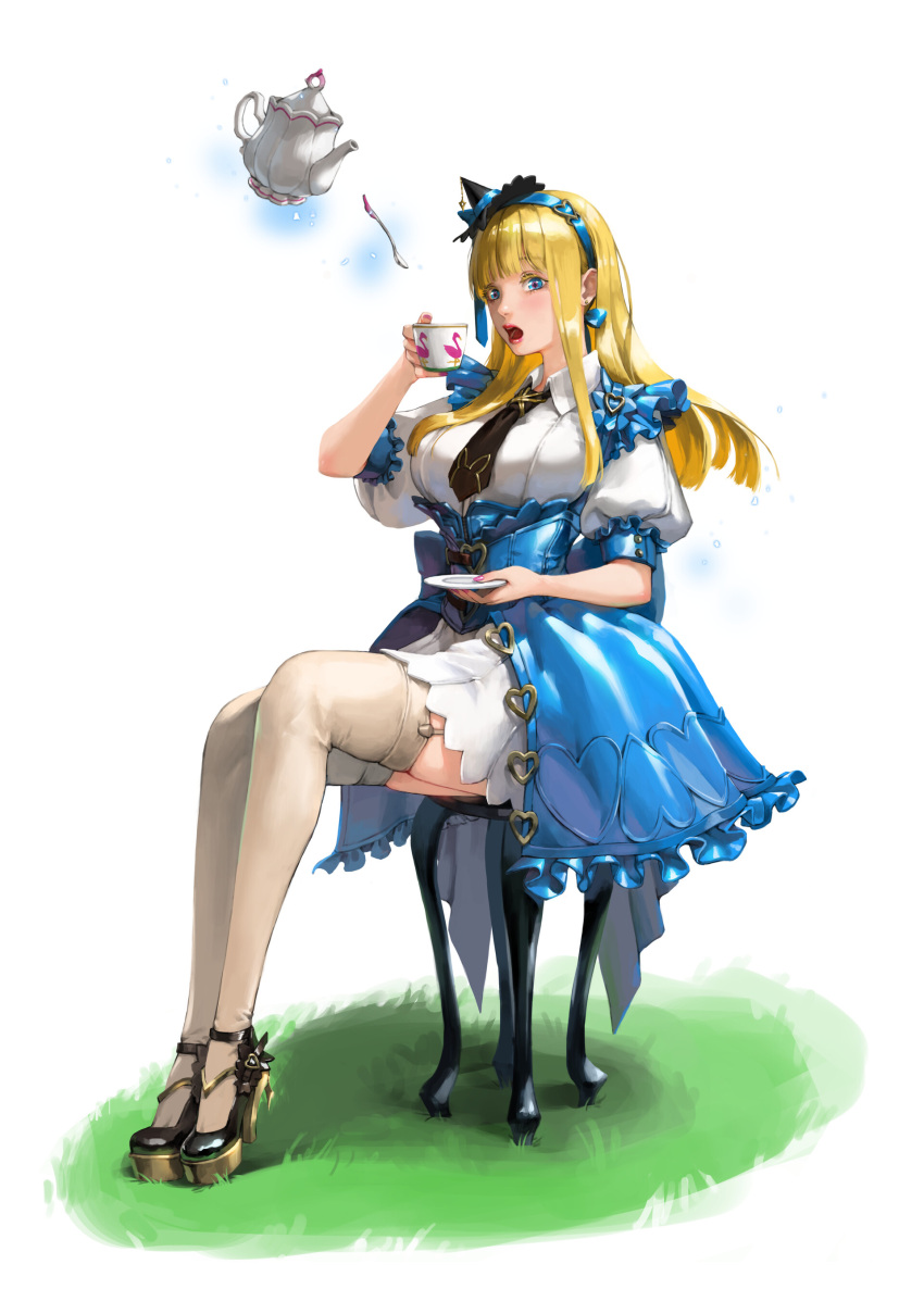 1girl absurdres alice_(wonderland) alice_in_wonderland beige_legwear blonde_hair blue_eyes blue_hairband blue_skirt breasts corset cup dress eyelashes floating floating_object frilled_dress frills full_body garter_straps hairband hat heart high_heels highres huge_bow large_breasts legs_together lipstick looking_at_viewer makeup medium_hair mini_hat mini_witch_hat nail_polish necktie nose open_mouth puffy_short_sleeves puffy_sleeves saucer short_sleeves showgirl_skirt sitting skirt solo spoon symbol-shaped_pupils teacup teapot thigh-highs white_background white_dress witch_hat wooju_ku