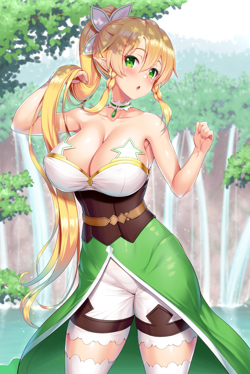 1girl bare_shoulders blonde_hair blush braid breasts choker cleavage collarbone day detached_collar dress eyebrows_visible_through_hair green_dress green_eyes hair_between_eyes hair_ornament highres holding holding_hair huge_breasts kawase_seiki leafa long_hair looking_at_viewer open_mouth outdoors pointy_ears solo star strapless strapless_dress sword_art_online thigh-highs tree twin_braids water waterfall white_legwear