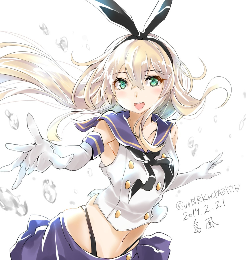 1girl anchor_hair_ornament black_hairband black_panties blonde_hair blue_skirt character_name commentary_request cowboy_shot crop_top dated elbow_gloves gloves green_eyes hair_ornament hairband highleg highleg_panties highres kantai_collection long_hair looking_at_viewer microskirt miniskirt open_mouth panties round_teeth sailor_collar shimakaze_(kantai_collection) simple_background skirt smile solo teeth tororo_ten twitter_username underwear upper_teeth white_background white_gloves