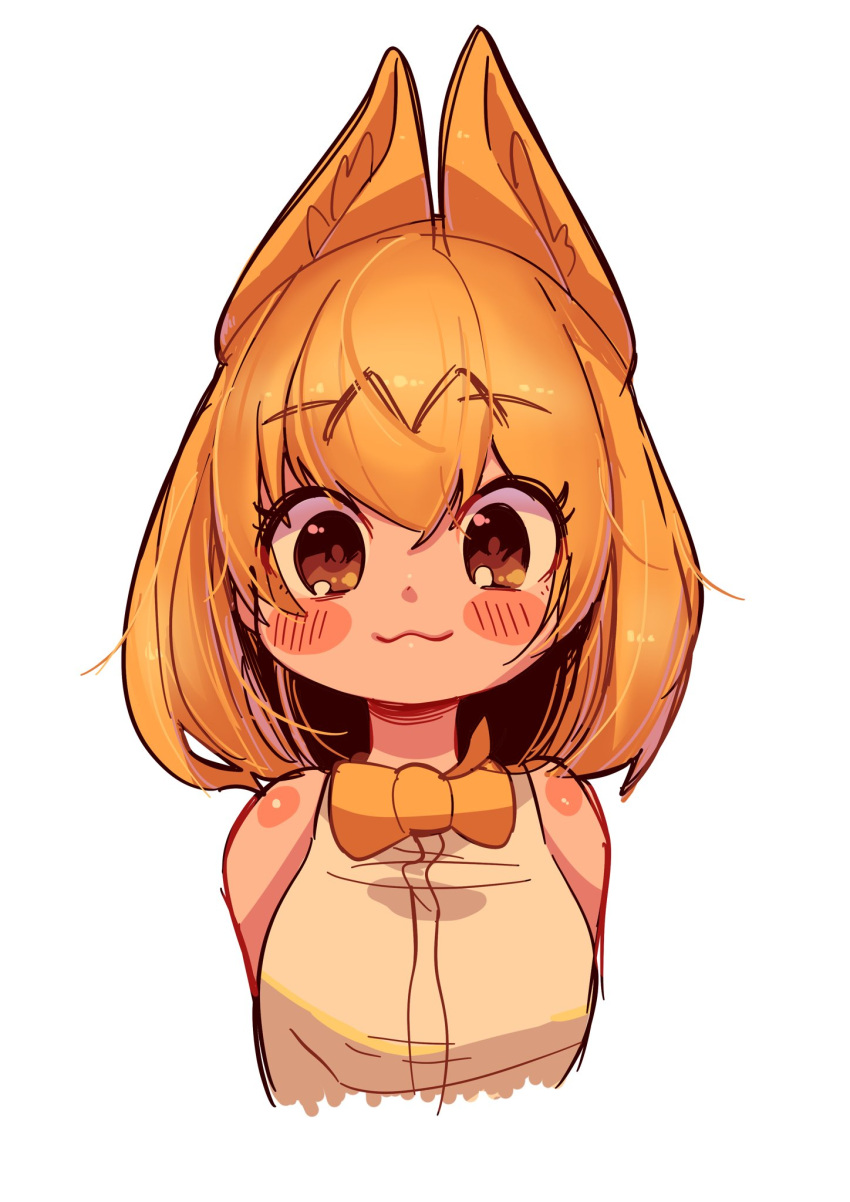 1girl :3 animal_ears blonde_hair blush bow bowtie breasts brown_eyes cropped_torso extra_ears eyebrows_visible_through_hair eyes_visible_through_hair highres kemono_friends looking_at_viewer medium_hair more_e_4km portrait serval_(kemono_friends) serval_ears shirt simple_background sleeveless sleeveless_shirt smile solo white_background white_shirt yellow_bow yellow_neckwear