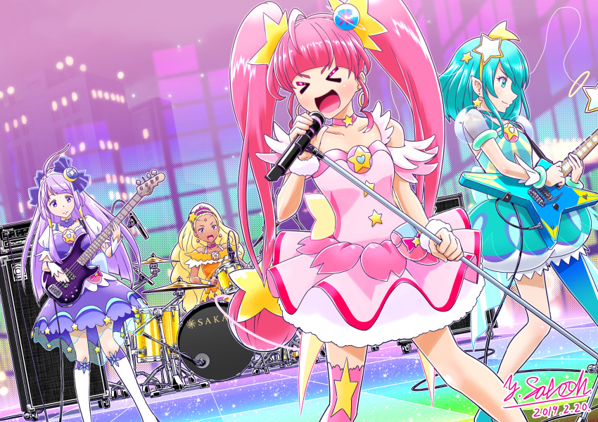 4girls amamiya_erena amplifier band bare_shoulders boots choker commentary_request cure_milky cure_selene cure_soleil cure_star drum earrings electric_guitar guitar hagoromo_lala hair_ornament highres hoshina_hikaru instrument jewelry kaguya_madoka magical_girl microphone multiple_girls precure satou_yasu see-through stage star star_earrings star_hair_ornament star_twinkle_precure