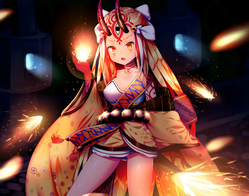 1girl arm_up blonde_hair brown_eyes facial_mark fate/grand_order fate_(series) fingernails forehead_mark highres horns ibaraki_douji_(fate/grand_order) japanese_clothes kimono light long_hair magic oni oni_horns open_mouth sharp_fingernails short_kimono solo sootack yellow_kimono