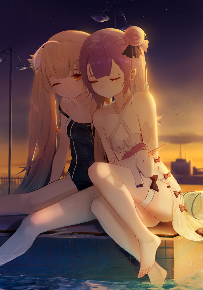 2girls absurdres ahoge alternate_costume azur_lane bangs bare_shoulders barefoot bird blonde_hair breasts collarbone eldridge_(azur_lane) evening hair_bun highres lamppost leaning_on_person leiq long_hair multiple_girls outdoors purple_hair school_swimsuit sitting sleeping small_breasts stuffed_alicorn swimsuit thigh_strap twintails unicorn_(azur_lane) very_long_hair wet yellow_eyes