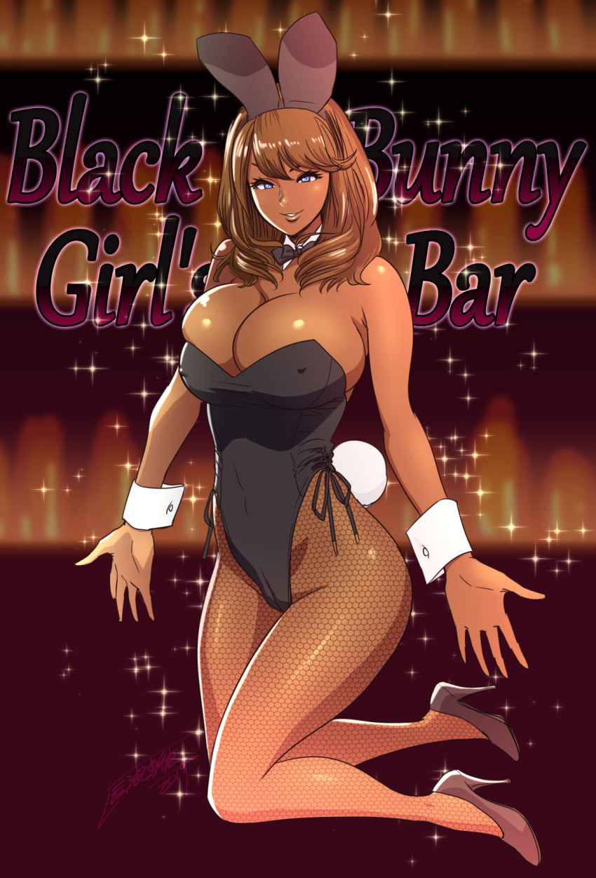 1girl animal_ears bangs bare_shoulders blue_eyes bow bowtie breasts brown_hair bunny_tail bunnysuit cleavage dark_skin detached_collar english_text erect_nipples fishnet_pantyhose fishnets grin gyaru high_heels highres kneeling large_breasts long_hair looking_at_viewer original pantyhose rabbit_ears smile solo sparkle tail tatsunami_youtoku wrist_cuffs