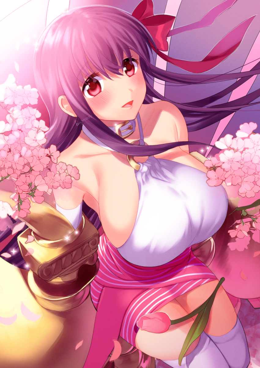 1girl :d alpha_(eren_mfmf) artist_name bangs bare_shoulders blush bow breasts buckle cherry_blossoms claws collar commentary_request eyebrows_visible_through_hair fate/extra fate/extra_ccc fate_(series) flower from_above glint hair_bow highres large_breasts long_hair looking_at_viewer looking_up o-ring o-ring_top open_mouth passion_lip petals pink_eyes pink_flower purple_hair red_ribbon ribbon sideboob sitting skirt smile solo striped striped_skirt tareme thigh-highs tulip white_legwear zettai_ryouiki