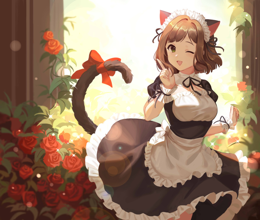 1girl ;d absurdres animal_ears apron bangs black_dress black_ribbon blush bow breasts brown_hair cat_ears cat_tail dress eyebrows_visible_through_hair fang flower frilled frilled_apron frilled_dress frills green_eyes hair_ribbon highres idolmaster idolmaster_cinderella_girls idolmaster_cinderella_girls_starlight_stage index_finger_raised looking_at_viewer maekawa_miku maid maid_headdress medium_breasts meshi-dan multiple_girls one_eye_closed open_mouth red_flower red_rose ribbon rose short_hair short_sleeves smile solo standing tail tail_bow tail_ribbon white_apron white_wrist_cuffs wrist_cuffs