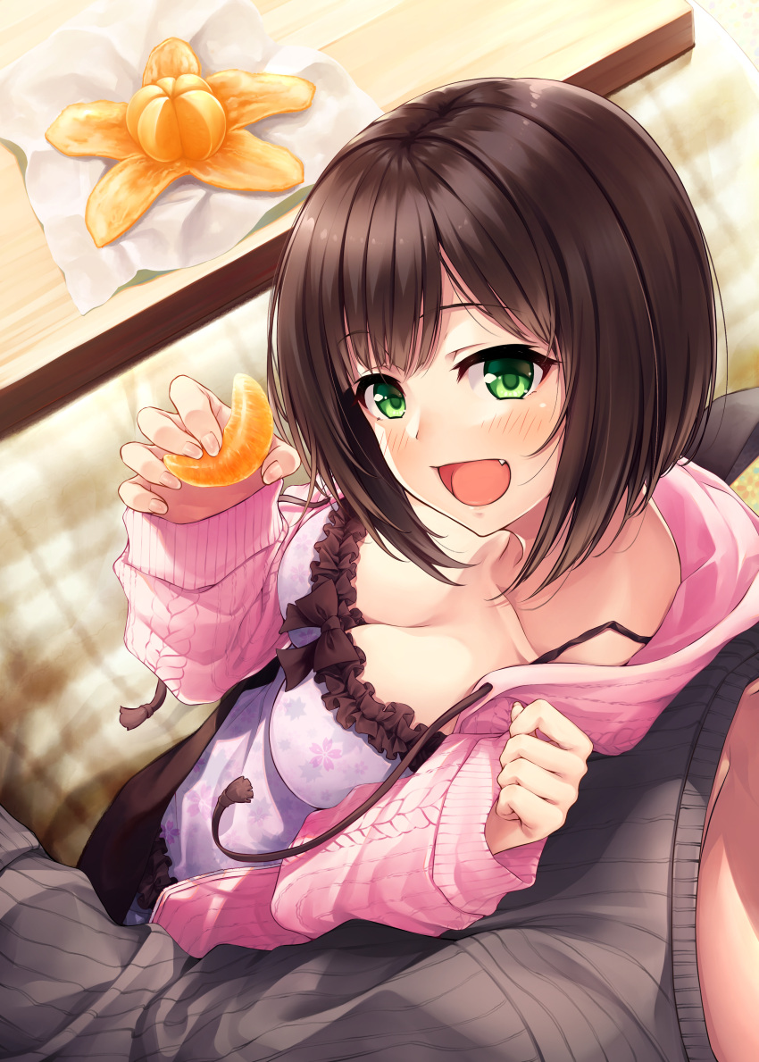 1boy 1girl :d absurdres bangs blush breasts brown_hair brown_sweater camisole clea collarbone commentary_request drawstring eyebrows_visible_through_hair fang feeding fingernails floral_print food frilled_camisole frills green_eyes hair_between_eyes hasumi_(hasubatake39) highres holding holding_food hood hood_down hooded_jacket idolmaster idolmaster_cinderella_girls jacket kotatsu long_hair long_sleeves maekawa_miku medium_breasts open_clothes open_jacket open_mouth pink_jacket pov_feeding print_camisole purple_camisole ribbed_sweater sitting sitting_on_lap sitting_on_person sleeves_past_wrists smile solo_focus sweater table