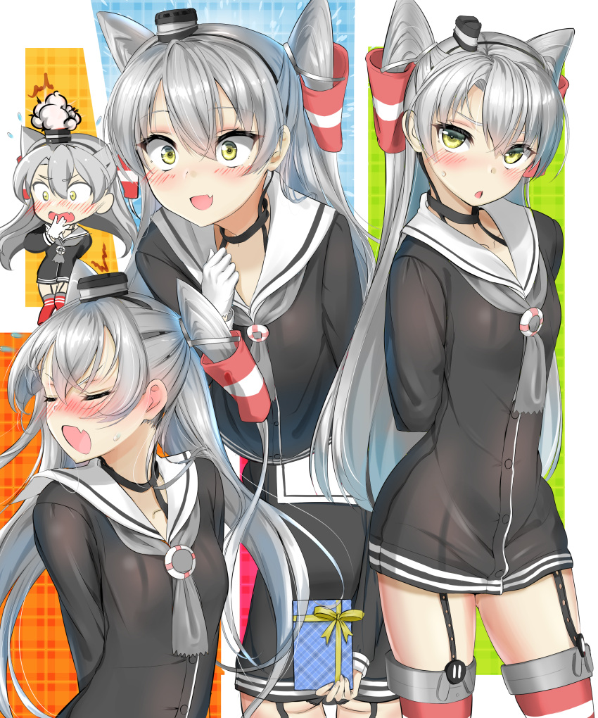 1girl absurdres amatsukaze_(kantai_collection) ass black_panties blush brown_dress closed_eyes comic commentary_request dress garter_straps gift gloves hair_tubes hat highres holding holding_gift kantai_collection kotoba_suzu long_hair mini_hat nose_blush open_mouth panties red_legwear sailor_dress short_dress silent_comic silver_hair thigh-highs tsundere two_side_up underwear white_gloves windsock yellow_eyes