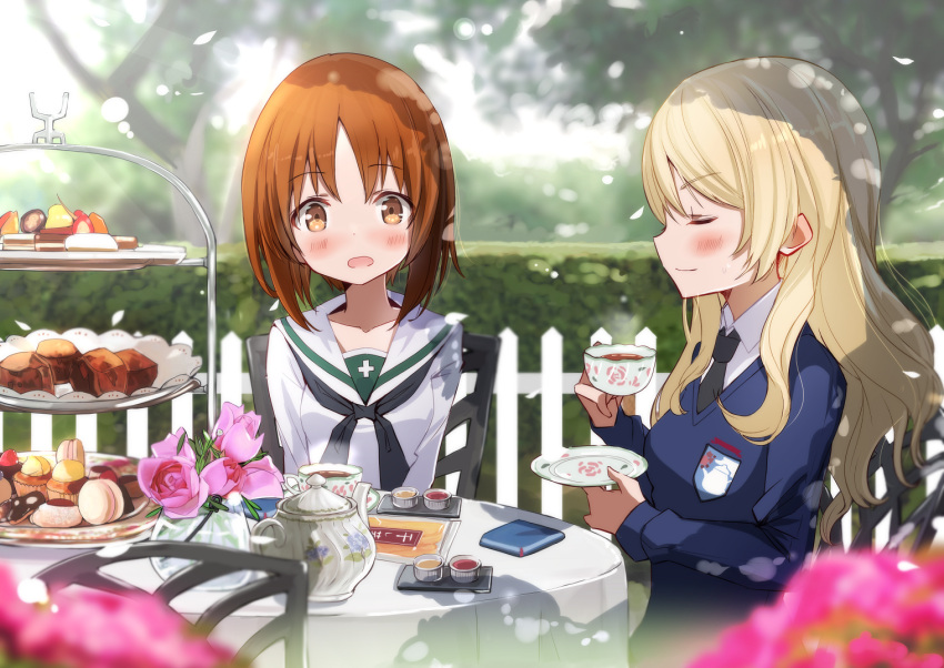 2girls alternate_hairstyle bangs black_neckwear blonde_hair blouse blue_sweater blurry blurry_background blurry_foreground blush brown_eyes brown_hair chair closed_eyes cookie cup dappled_sunlight darjeeling day depth_of_field dress_shirt emblem eyebrows_visible_through_hair flower food fuku_kitsune_(fuku_fox) girls_und_panzer hair_down hedge_(plant) holding holding_cup holding_saucer long_hair long_sleeves macaron multiple_girls neckerchief necktie nishizumi_miho ooarai_school_uniform outdoors pink_flower pink_rose rose saucer school_uniform serafuku shadow shirt short_hair sitting st._gloriana's_(emblem) sunlight sweater tea_party tea_set teacup teapot tiered_tray tree v-neck white_blouse white_shirt wind