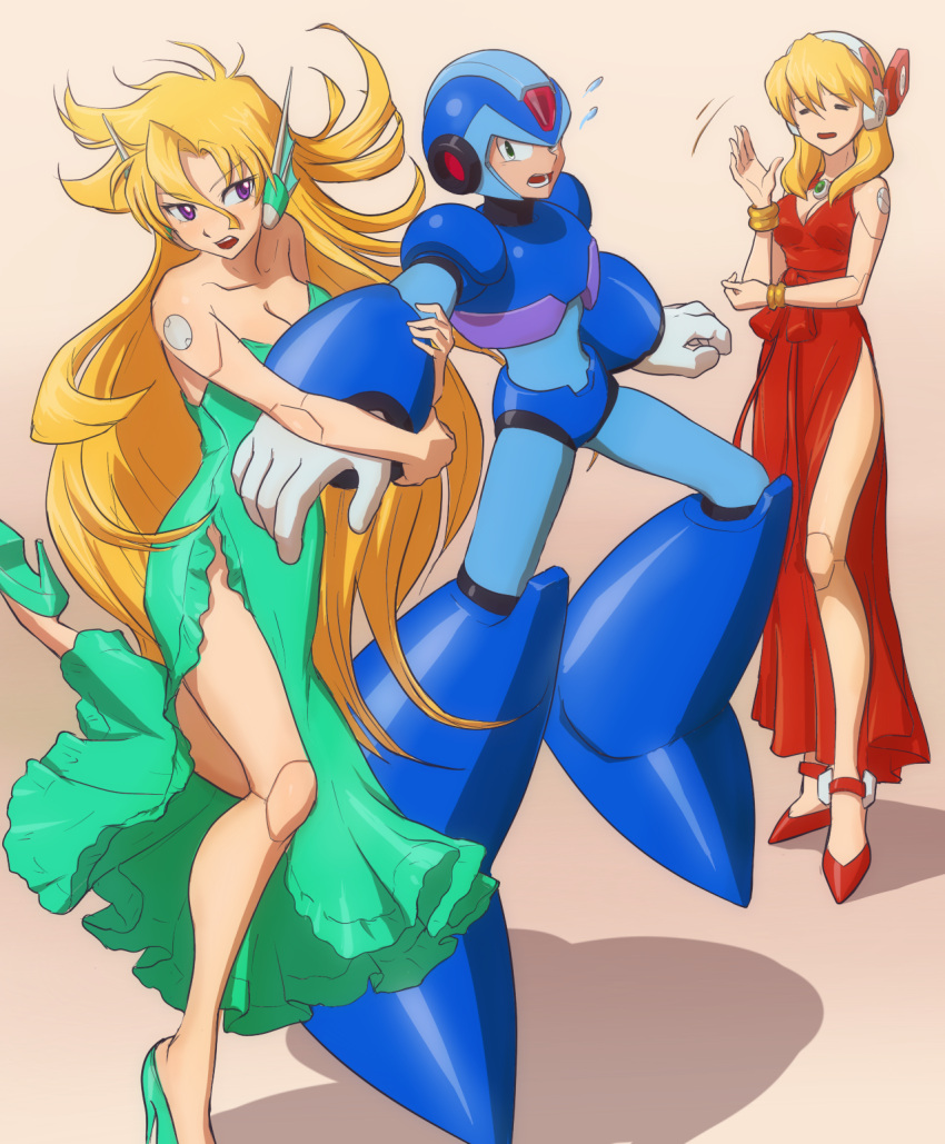 1boy 2girls alia_(rockman) alternate_costume android arm_grab bangs blonde_hair blue_dress bracelet breasts capcom cleavage closed_eyes commentary_request dress green_eyes headset helmet high_heels highres jewelry long_hair multiple_girls open_mouth red_dress red_footwear robot_ears robot_joints rockman rockman_x rockman_x_(manga) side_slit simple_background user_fuyz3388 violet_eyes x_(rockman)