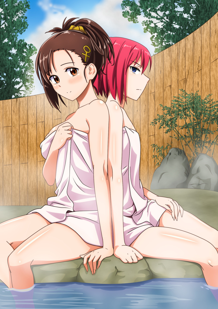 2girls back-to-back blue_eyes blush breasts brown_eyes brown_hair day derivative_work flat_chest hair_ornament hair_scrunchie high_ponytail highres looking_at_viewer maximilian-destroyer medium_breasts multiple_girls murenase!_shiiton_gakuen naked_towel onsen outdoors redhead scrunchie shiny shiny_skin short_hair sitting smile towel white_towel yellow_scrunchie