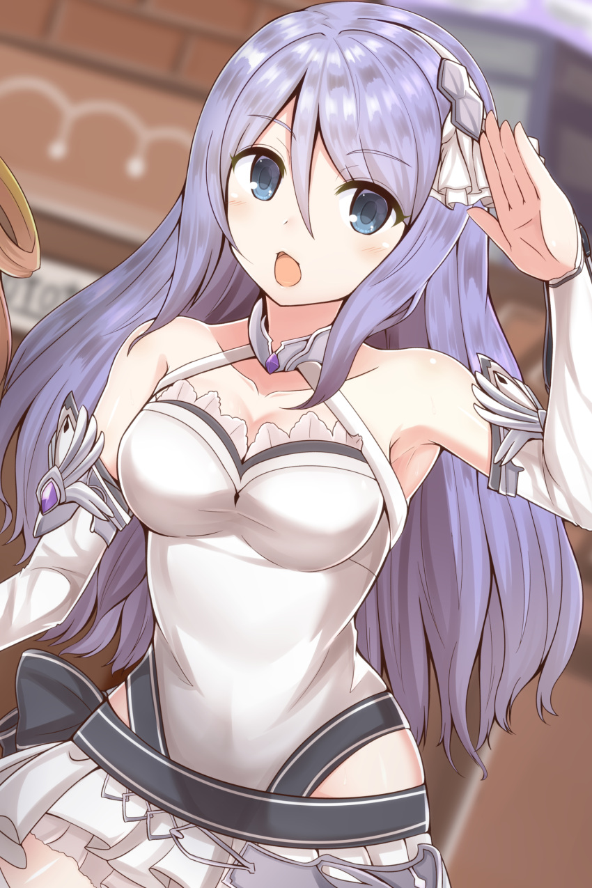 1girl absurdres blue_eyes blurry blurry_background breasts cleavage collarbone commentary_request detached_sleeves gem hair_between_eyes headband highres hoshino_shizuru large_breasts long_hair looking_at_viewer masa_masa open_mouth princess_connect! princess_connect!_re:dive purple_hair salute sleeveless solo