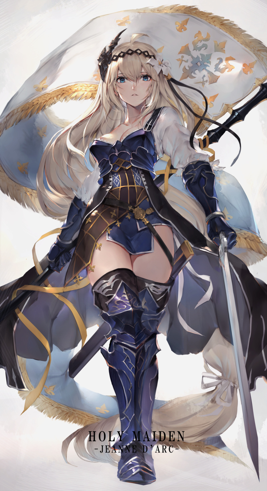 1girl armor battle_standard belt black_legwear blonde_hair blue_armor blue_eyes breasts character_name cleavage collarbone commentary_request dual_wielding flag flower gauntlets granblue_fantasy greaves hair_flower hair_ornament hair_ribbon hairband highres holding jeanne_d'arc_(granblue_fantasy) long_hair looking_at_viewer oyu_(sijimisizimi) parted_lips ribbon shirt single_bare_shoulder solo sword thigh-highs thighs very_long_hair weapon white_shirt