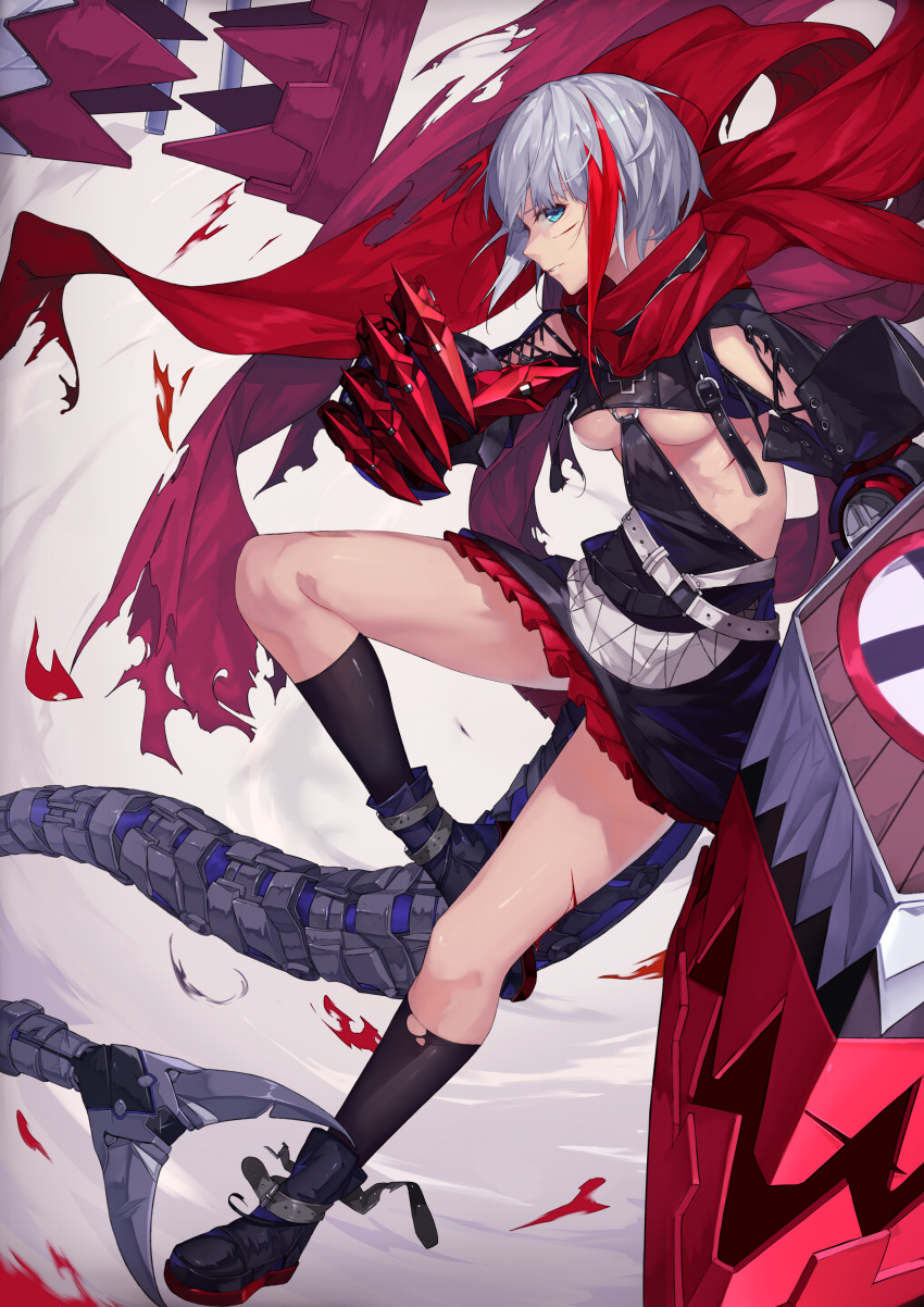 1girl absurdres admiral_graf_spee_(azur_lane) azur_lane bangs black_dress blue_eyes blunt_bangs blush breasts dress eyebrows_visible_through_hair highres huge_filesize multicolored_hair page'as redhead rigging scarf short_hair sidelocks silver_hair solo streaked_hair thighs under_boob