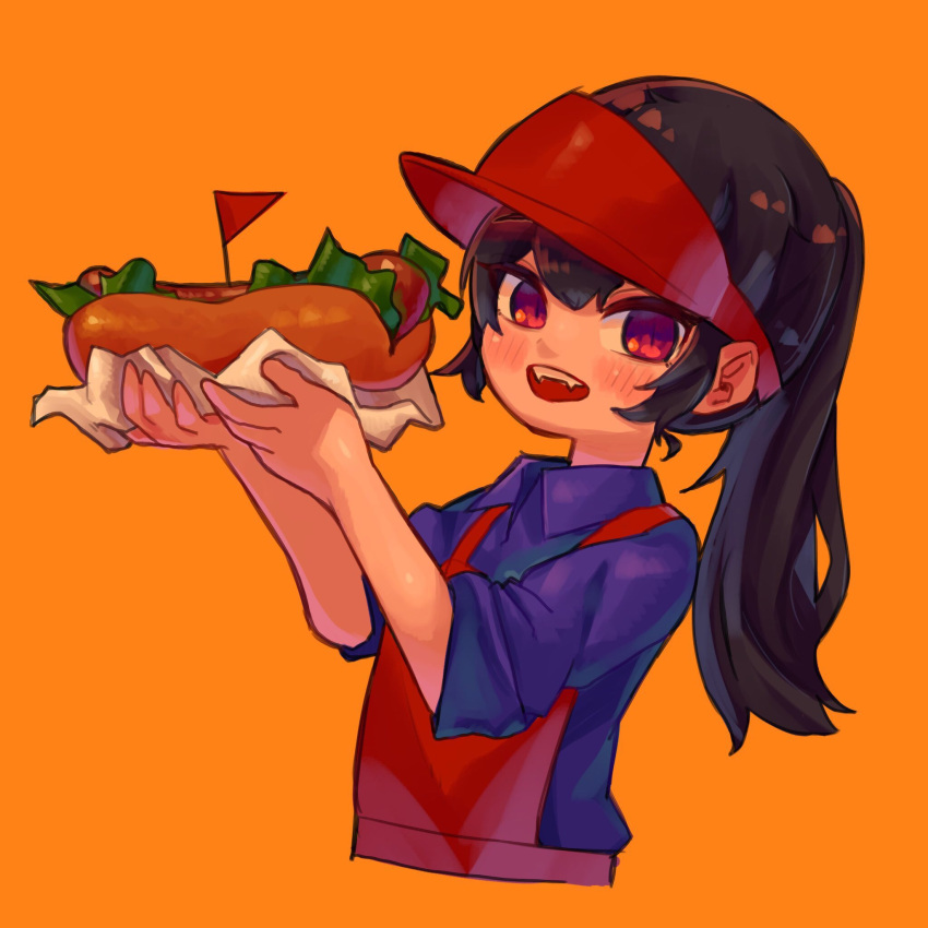 1girl apron black_hair blue_shirt blush collared_shirt cropped_torso fangs flag food hat highres holding holding_food hot_dog lettuce long_hair looking_at_viewer more_e_4km open_mouth orange_background original ponytail red_apron red_eyes red_flag red_hat shirt simple_background smile solo triangle upper_body