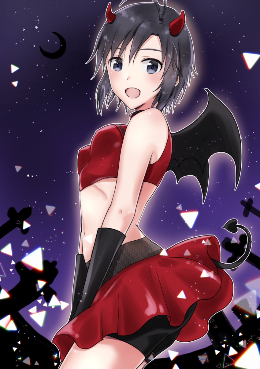 1girl :d antenna_hair bare_shoulders bike_shorts black_gloves black_hair black_shorts black_wings blush breasts covered_nipples cowboy_shot crescent_moon crop_top demon_wings elbow_gloves from_side gloves grey_eyes hair_between_eyes halloween halloween_costume highres horns idolmaster idolmaster_(classic) kikuchi_makoto looking_at_viewer midriff miniskirt mogskg moon navel open_mouth pleated_skirt red_skirt shiny shiny_skin short_hair short_shorts shorts shorts_under_skirt skirt small_breasts smile solo stomach tombstone wings