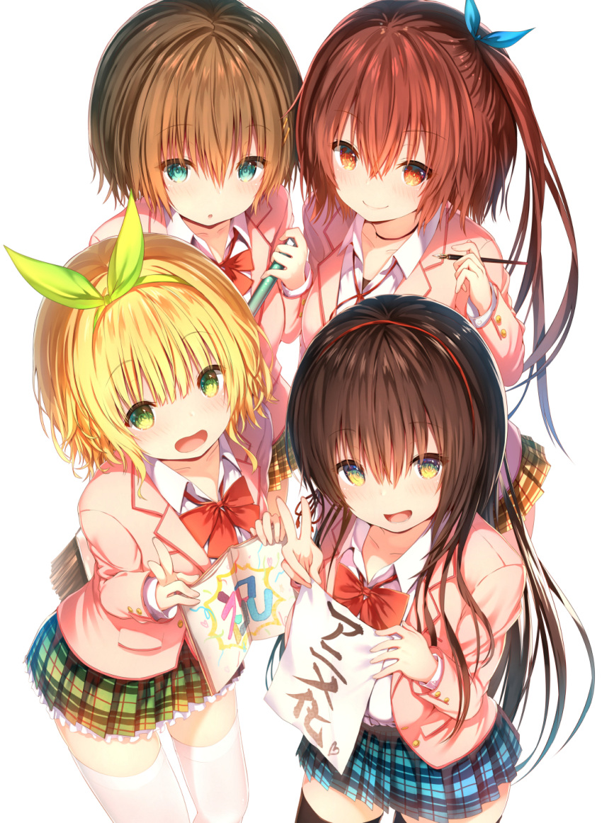 4girls :d :o black_legwear blazer blonde_hair blue_ribbon blue_skirt blush bow brown_hair brown_skirt character_request closed_mouth collared_shirt green_eyes green_hairband green_ribbon green_skirt hair_ribbon hairband highres holding jacket kawaikereba_hentai_demo_suki_ni_natte_kuremasu_ka? kiryu_mizuha koga_yuika long_hair multiple_girls one_side_up open_blazer open_clothes open_jacket open_mouth parted_lips pink_jacket plaid plaid_skirt pleated_skirt red_bow red_eyes ribbon shirt short_hair simple_background skirt smile sune_(mugendai) thigh-highs translated very_long_hair white_background white_legwear white_shirt