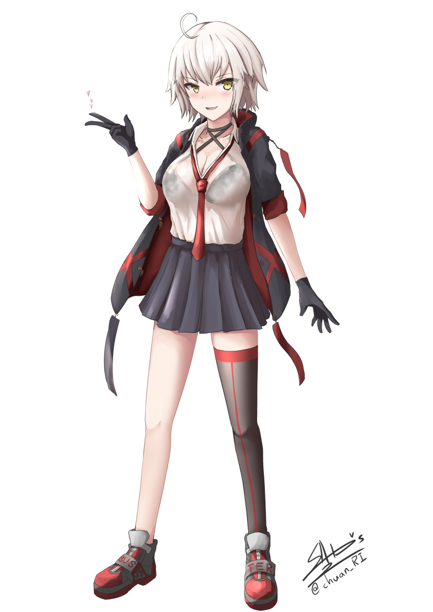 1girl :d absurdres ahoge asymmetrical_legwear bangs black_bra black_choker black_gloves black_jacket black_skirt blush bra bra_through_clothes breasts brown_hair brown_legwear choker cleavage collarbone collared_shirt commentary_request eyebrows_visible_through_hair fang fate/grand_order fate_(series) full_body gloves hand_up heart highres ichikawayan jacket jeanne_d'arc_(alter)_(fate) jeanne_d'arc_(fate)_(all) looking_at_viewer medium_breasts necktie open_clothes open_jacket open_mouth pleated_skirt red_footwear red_neckwear see-through shirt shoes short_hair signature simple_background single_thighhigh skirt smile solo standing thigh-highs twitter_username underwear v white_background white_shirt yellow_eyes