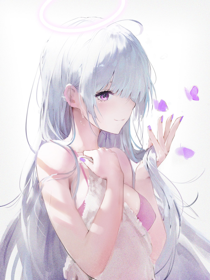 1girl backlighting bikini_top bug butterfly closed_mouth fingernails gradient gradient_background halo hand_on_own_chest haori_iori highres holding holding_hair insect long_hair nail_polish original profile purple_bikini_top silver_hair smile solo towel upper_body violet_eyes wet