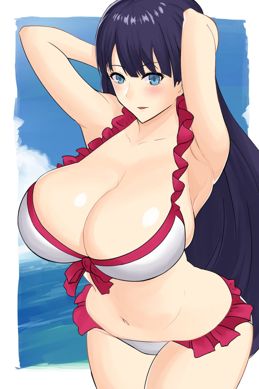 1girl absurdres adjusting_hair armpits arms_up bangs bikini black_hair blue_eyes blush border breasts cleavage clouds cowboy_shot curvy fate/grand_order fate_(series) frilled_bikini frills highres huge_breasts long_hair looking_at_viewer navel ocean ogura_(take-monhan) outdoors outside_border parted_lips saint_martha saint_martha_(swimsuit_ruler)_(fate) sky solo standing swimsuit very_long_hair water white_bikini white_border