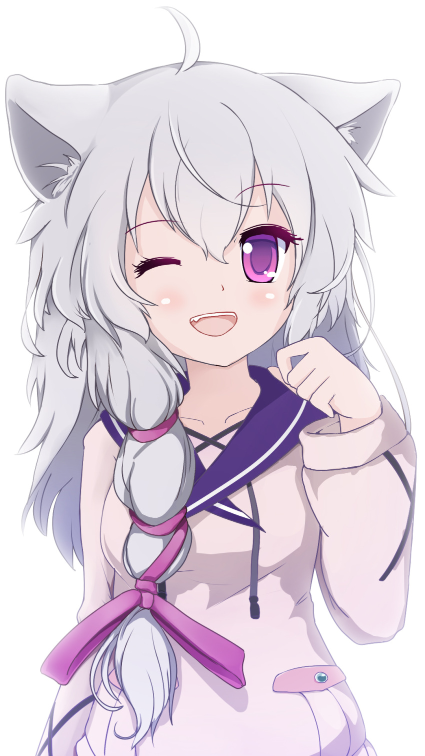 1girl ;d animal_ears beige_sweater black_bullet blush braid cat_ears cat_girl dai_jijie fang fuse_midori hair_between_eyes hair_ribbon hand_up highres long_hair no_hat no_headwear one_eye_closed open_mouth purple_ribbon ribbon silver_hair simple_background single_braid smile solo violet_eyes white_background