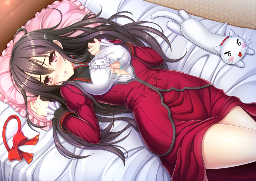 1girl bed_sheet bow bowtie bowtie_removed bra bra_peek breasts brown_eyes brown_hair clenched_teeth covered_nipples cowboy_shot dress dress_shirt frilled_pillow frills hair_between_eyes hair_ornament highres hiro_(725611) long_hair long_sleeves looking_at_viewer lying medium_breasts on_back open_clothes open_shirt otome_wa_boku_ni_koi_shiteru_3_trinkle_stars pillow pink_pillow red_bow red_dress red_neckwear shiny shiny_hair shirt solo teeth underwear unfastened very_long_hair white_shirt yuuki_hisoka