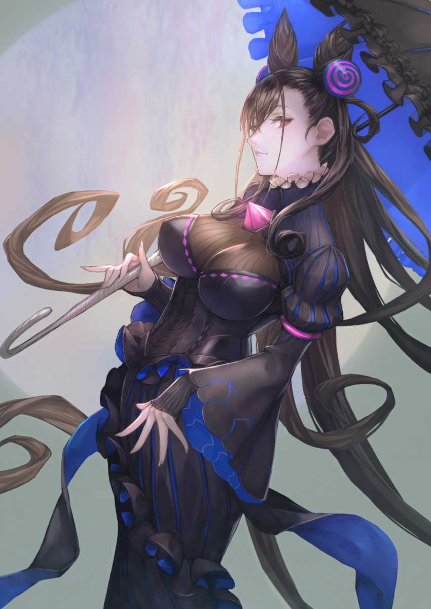 1girl absurdres bangs black_hair breasts closed_mouth collar corset curly_hair dress fate/grand_order fate_(series) frilled_collar frilled_dress frills gem gloves hair_ornament high_collar highres large_breasts long_hair long_sleeves murasaki_shikibu_(fate) nose otsukemono parasol sidelocks solo tight_dress umbrella very_long_hair violet_eyes