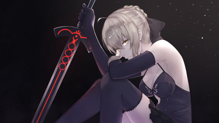 1girl ahoge armpits artoria_pendragon_(all) bangs bare_shoulders black_background black_bow black_dress black_gloves black_legwear bow braid breasts cleavage closed_mouth dark_excalibur dress elbow_gloves expressionless fate/grand_order fate_(series) feet_out_of_frame frilled_dress frills from_side gloves gradient gradient_background grey_hair hair_between_eyes hair_bow halter_dress highres holding holding_sword holding_weapon knees_up light_particles looking_at_viewer looking_to_the_side medium_breasts pale_skin saber_alter scal2let short_hair sidelocks sideways_glance sitting sleeveless sleeveless_dress solo sword thigh-highs weapon yellow_eyes