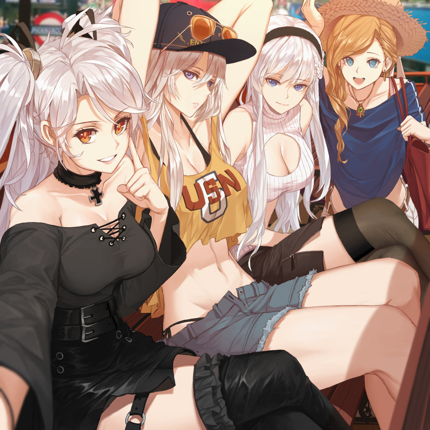 4girls absurdres antenna_hair azur_lane bag bangs bare_shoulders belfast_(azur_lane) black_choker black_hairband black_legwear blonde_hair blue_eyes braid breasts choker cleavage cleavage_cutout closed_mouth collarbone dishwasher1910 earrings enterprise_(azur_lane) eyebrows_visible_through_hair eyewear_on_headwear french_braid hair_between_eyes hair_over_shoulder hairband hat highres hood iron_cross jewelry lips long_hair looking_at_viewer multiple_girls necklace open_mouth orange_eyes outdoors parted_lips prinz_eugen_(azur_lane) shirt shoulder_bag side_braid sidelocks silver_hair sleeveless sleeveless_shirt smile straw_hat sun_hat sunglasses swept_bangs thigh-highs two_side_up very_long_hair violet_eyes