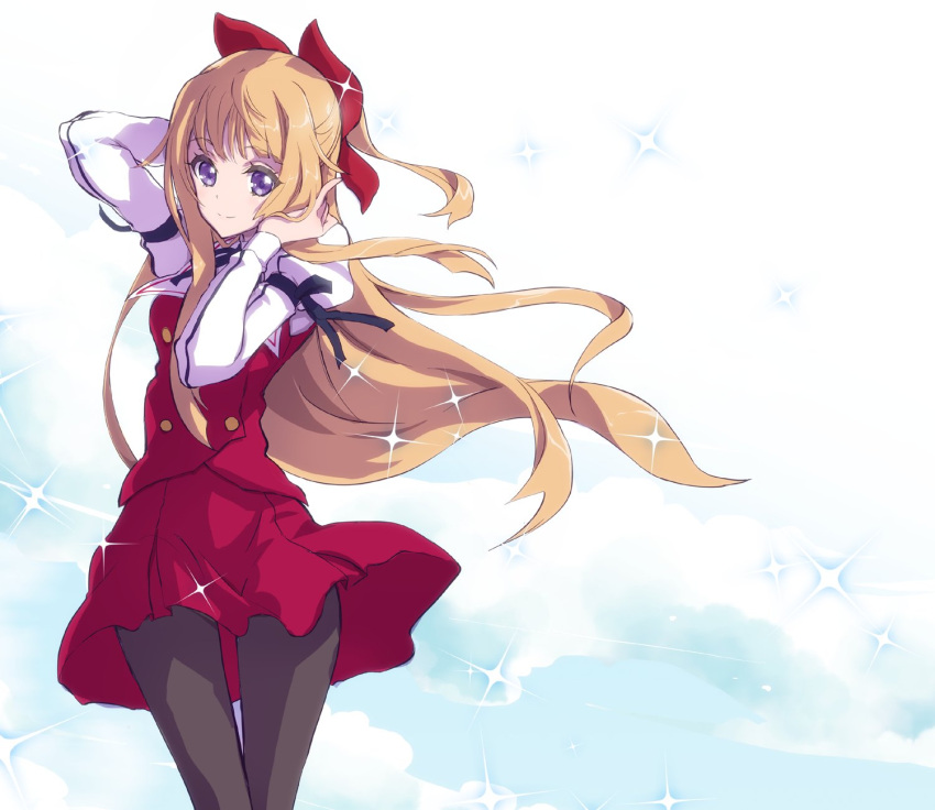 1girl arms_up black_legwear blonde_hair bow closed_mouth floating_hair hair_bow half_updo highres kaishaku kannazuki_no_miko kurusugawa_himeko long_hair long_sleeves ototachibana_academy_uniform pantyhose puffy_long_sleeves puffy_sleeves red_bow red_skirt school_uniform simple_background skirt skirt_set solo sparkle thigh_gap very_long_hair violet_eyes wind