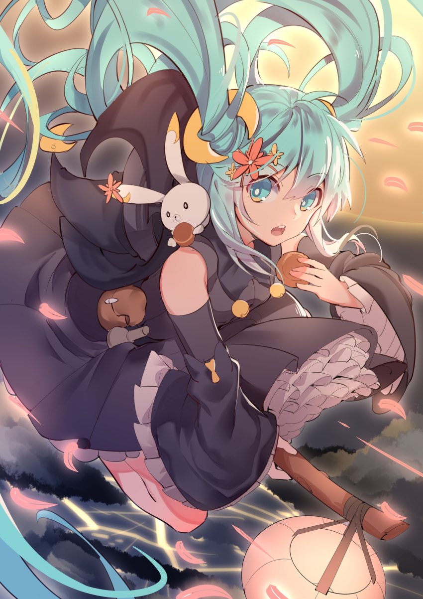 1girl absurdres aqua_eyes aqua_hair bare_shoulders bell bell_collar black_shirt black_skirt bottle broom broom_riding collar commentary detached_sleeves english_commentary flower flying food frilled_skirt frilled_sleeves frills from_side full_body hair_flower hair_ornament hat hatsune_miku highres holding holding_broom holding_food lantern long_hair looking_at_viewer moon_(ornament) open_mouth petals pouch rabbit shirt sitting skirt sora_(zwz030) twintails very_long_hair vocaloid witch witch_hat yukine_(vocaloid)