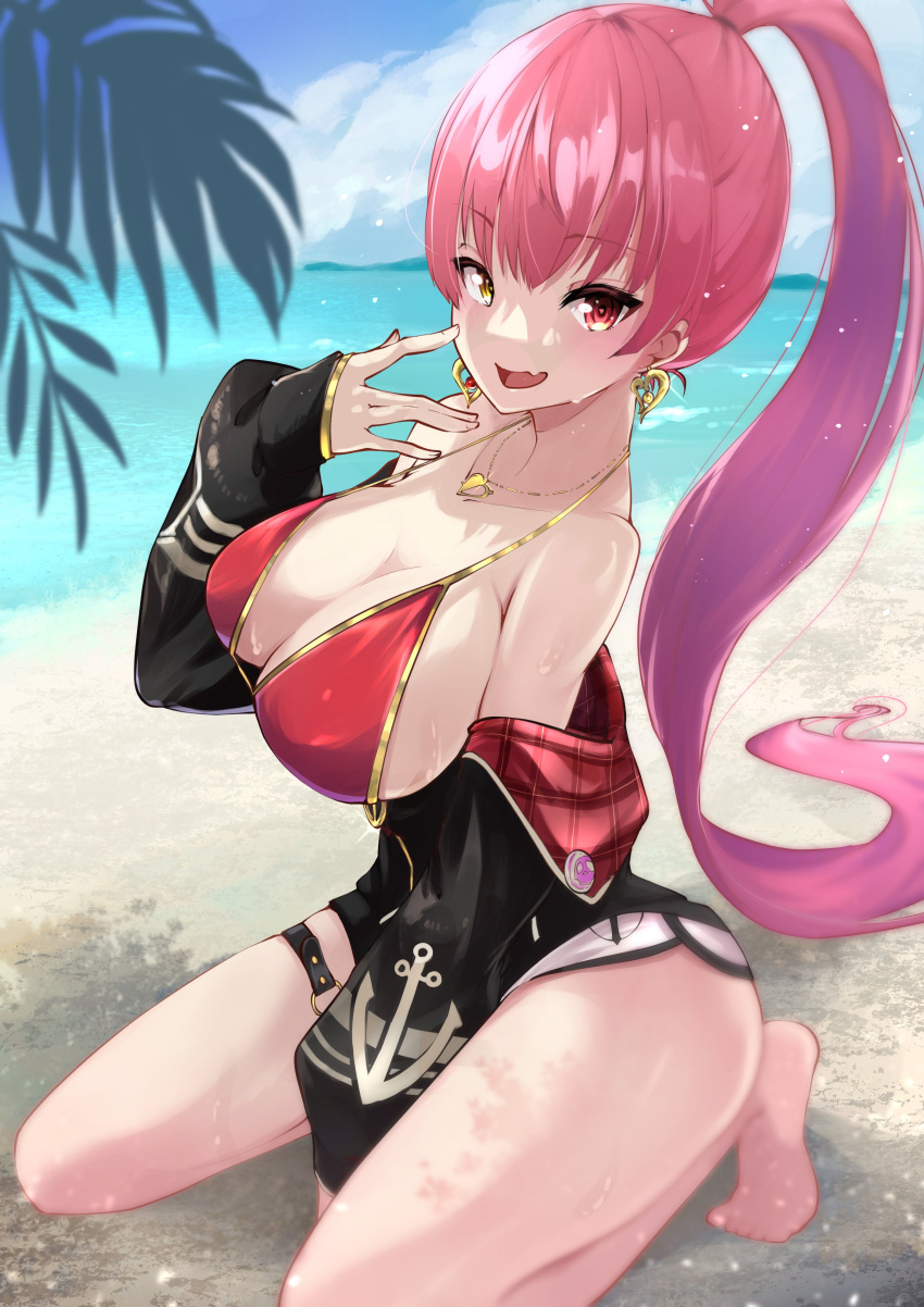 1girl absurdres beach breasts heterochromia high_ponytail highres hololive hololive_fantasy houshou_marine large_breasts long_hair ocean pirate red_eyes redhead risumi_(taka-fallcherryblossom) solo very_long_hair virtual_youtuber yellow_eyes