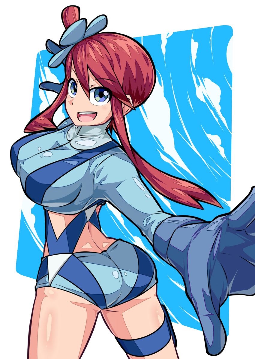 1girl :d arched_back ass back bangs blue_eyes blue_gloves blue_jacket blue_shorts blue_sky breasts clouds cowboy_shot creatures_(company) cropped_jacket eyebrows_visible_through_hair floating_hair foreshortening fuuro_(pokemon) game_freak gloves gym_leader hair_between_eyes hair_ornament hands_up highres jacket large_breasts long_hair long_sleeves looking_at_viewer midriff nintendo open_mouth outstretched_arm pokemon pokemon_(game) pokemon_bw redhead short_shorts shorts side_ponytail sidelocks sky smile solo standing suspenders suzusiigasuki swept_bangs turtleneck twisted_torso upper_teeth