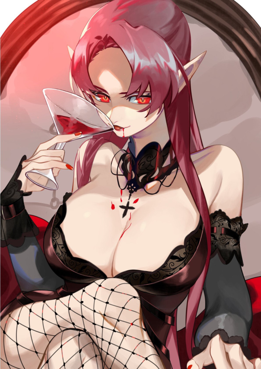 1girl azur_lane bangs bare_shoulders blood breasts choker cleavage collarbone cross cup drinking_glass dripping duke_of_york_(azur_lane) fang fishnets highres jewelry large_breasts long_hair looking_at_viewer pink_hair pointy_ears red_eyes solo wine_glass