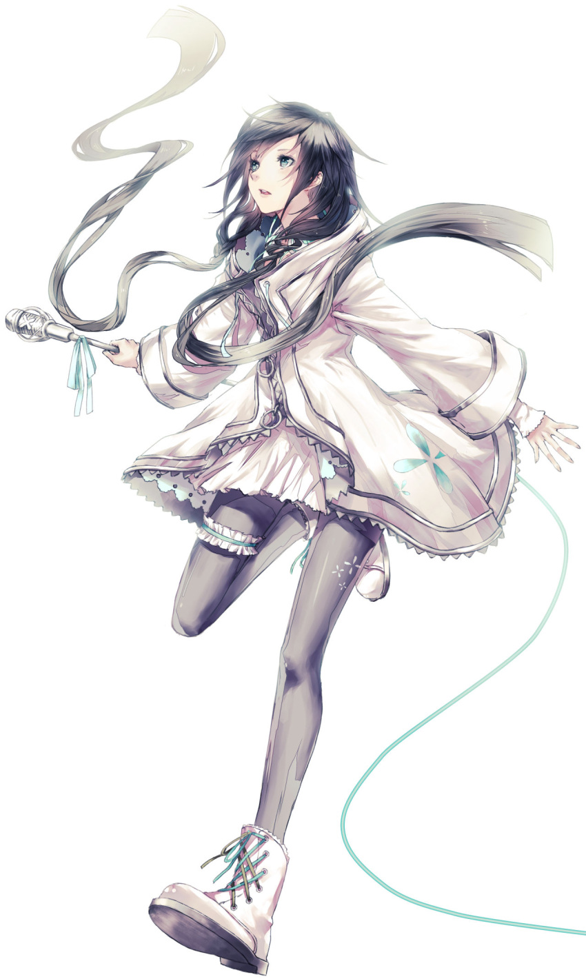1girl applekun black_hair bloom boots braid cable cross-laced_footwear dress floral_print full_body green_eyes highres holding_microphone_stand jacket lace-up_boots leg_garter leg_up long_hair looking_up ribbon side_braids simple_background solo thigh-highs twin_braids utau very_long_hair white_background white_dress white_footwear white_jacket wide_sleeves xia_yu_yao