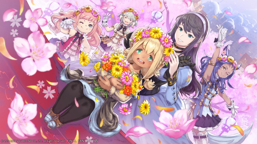 5girls animal_ears arm_up armlet artist_request au_ra black_hair blonde_hair blue_eyes blue_hair breasts cat_ears city closed_eyes dark_skin day dragon_horns dutch_angle facial_mark final_fantasy final_fantasy_xiv flower flower_wreath gloves green_eyes hairband head_wreath highres horns hyur idol lalafell looking_at_another looking_at_viewer miqo'te multiple_girls official_art one_eye_closed open_mouth petals pink_hair pointy_ears scales short_hair silver_hair sitting sleeveless small_breasts smile square_enix thigh-highs watermark whisker_markings white_gloves white_legwear yellow_eyes
