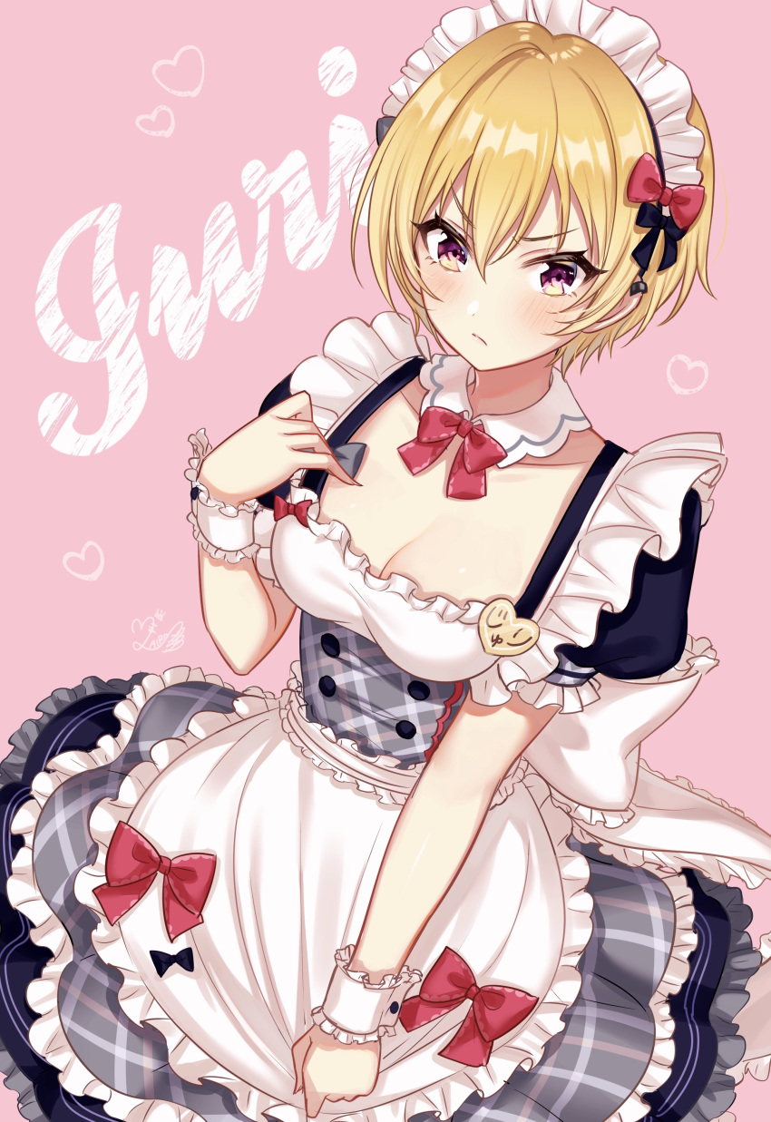 1girl absurdres apron bangs blonde_hair blush bow bowtie breasts character_name cleavage closed_mouth detached_collar dress frills frown hair_between_eyes hair_bow heart highres idolmaster idolmaster_shiny_colors ilo looking_at_viewer maid_apron maid_headdress medium_breasts pink_background plaid plaid_dress puffy_short_sleeves puffy_sleeves red_bow saijou_juri short_hair short_sleeves simple_background solo upper_body v-shaped_eyebrows violet_eyes waist_apron wrist_cuffs