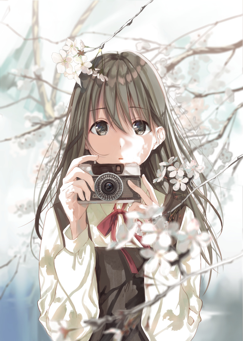 1girl bangs blurry brown_eyes brown_hair camera cherry_blossoms commentary_request day depth_of_field dress flower hair_between_eyes highres holding holding_camera kukiha long_hair long_sleeves looking_at_viewer neck_ribbon original outdoors parted_lips pinafore_dress red_ribbon ribbon school_uniform shirt solo tree_branch upper_body white_shirt wing_collar