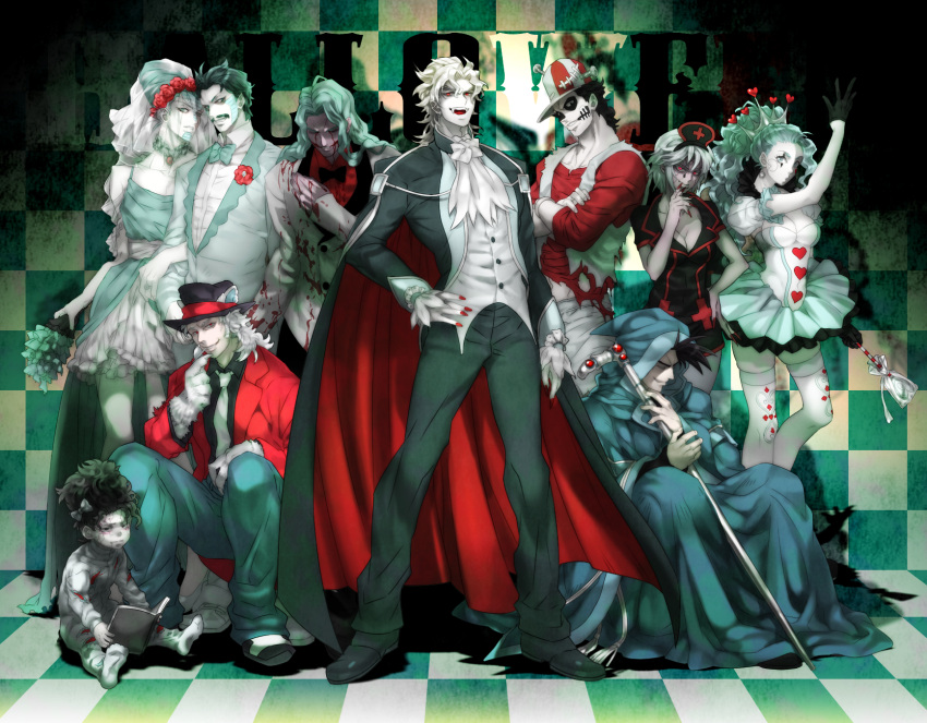 aqua_dress aqua_hair black_hair blonde_hair blood blood_on_face bloody_clothes boingo bow bowtie breasts bridal_veil cape checkered checkered_floor cleavage closed_eyes cosplay crossdressinging crossed_arms crown daniel_d'arby dio_brando dracula dracula_(cosplay) dress facial_hair facial_tattoo fangs flower formal frankenstein's_monster frankenstein's_monster_(cosplay) halloween hand_on_hip hat head_wreath highres hol_horse jojo_no_kimyou_na_bouken kakipiinu locked_arms long_hair mariah medium_breasts medium_hair midler mustache n'doul nail_polish necktie nurse oingo open_mouth pale_skin red_eyes red_nails robe rose short_hair smile squatting staff stardust_crusaders suit tattoo terence_trent_d'arby thigh-highs tuxedo vampire vanilla_ice veil wedding_dress white_hair white_skin