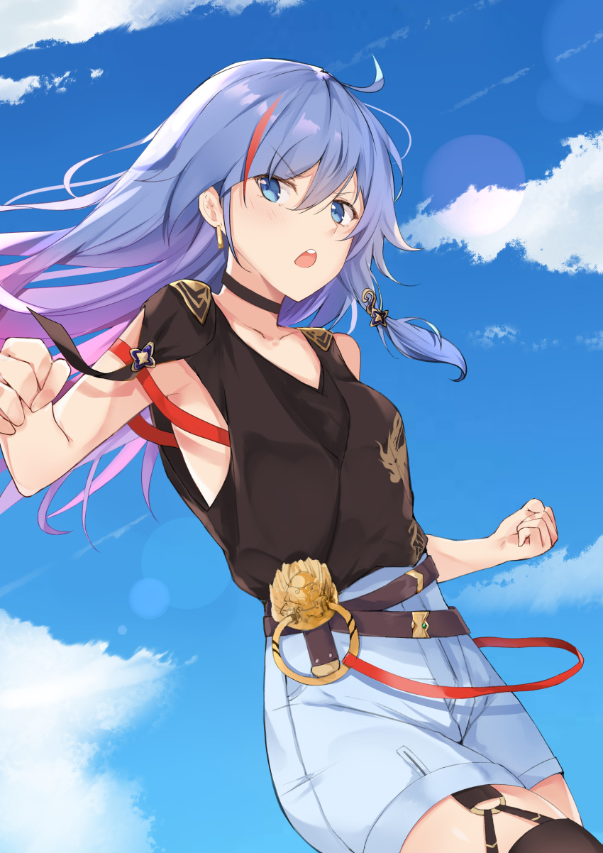 1girl absurdres ahoge bangs bantian_yindang bare_shoulders black_choker blue_eyes blue_sky blush breasts brown_legwear brown_shirt character_request choker clouds collarbone commentary_request day eyebrows_visible_through_hair garter_straps gradient_hair hair_between_eyes hair_ornament highres honkai_(series) honkai_impact_3 long_hair looking_at_viewer multicolored_hair outdoors purple_hair redhead round_teeth shirt short_shorts short_sleeves shorts sky small_breasts solo streaked_hair teeth thigh-highs upper_body upper_teeth very_long_hair white_shorts