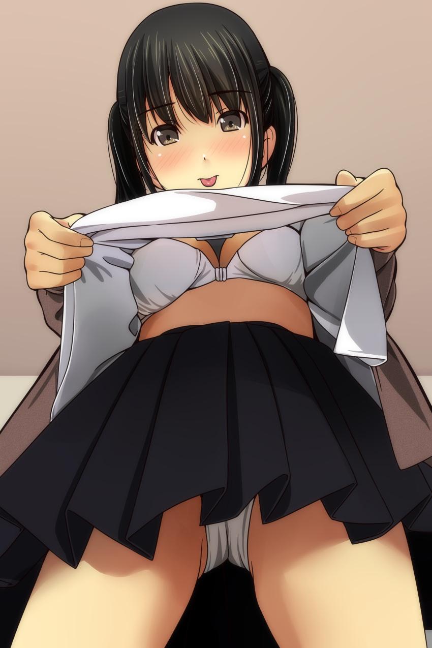 1girl absurdres black_hair black_skirt blazer blush bra breasts brown_jacket closed_mouth fingernails from_below highres indoors jacket long_sleeves looking_at_viewer looking_down matsunaga_kouyou medium_breasts nose_blush open_blazer open_clothes open_jacket original panties pleated_skirt shirt skirt solo tongue tongue_out twintails underwear upshirt white_bra white_panties white_shirt