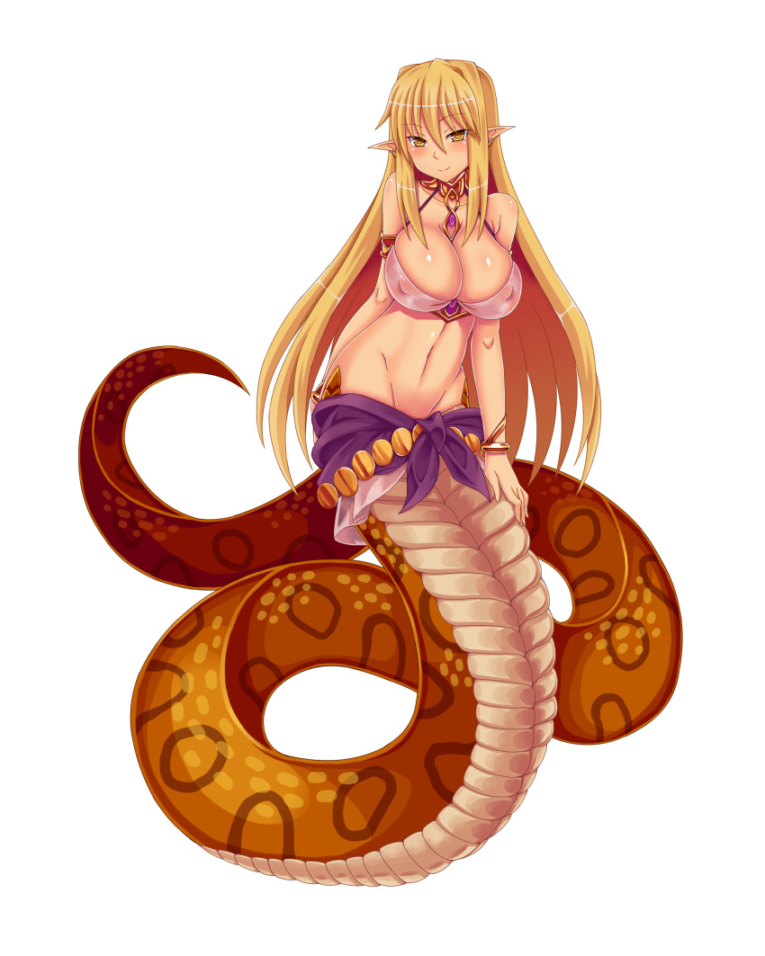 1girl absurdres bare_shoulders blonde_hair bracelet breasts commentary_request erect_nipples eyebrows_visible_through_hair full_body hair_between_eyes highres jewelry lamia lamia_(monster_girl_encyclopedia) large_breasts long_hair looking_at_viewer monster_girl monster_girl_encyclopedia navel pointy_ears simple_background smile sogegin solo stomach very_long_hair white_background yellow_eyes