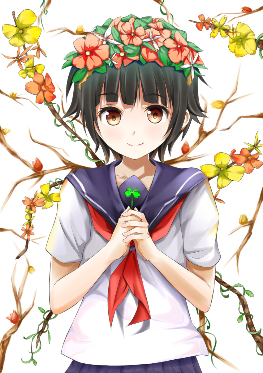 1girl black_hair blue_skirt breasts brown_eyes chisaku clover commentary_request dot_nose eyebrows_visible_through_hair flower four-leaf_clover hair_flower hair_ornament head_wreath highres holding holding_flower looking_at_viewer own_hands_together pleated_skirt red_flower sakugawa_school_uniform school_uniform serafuku shirt short_hair short_sleeves skirt small_breasts smile solo to_aru_kagaku_no_railgun to_aru_majutsu_no_index uiharu_kazari white_shirt yellow_flower