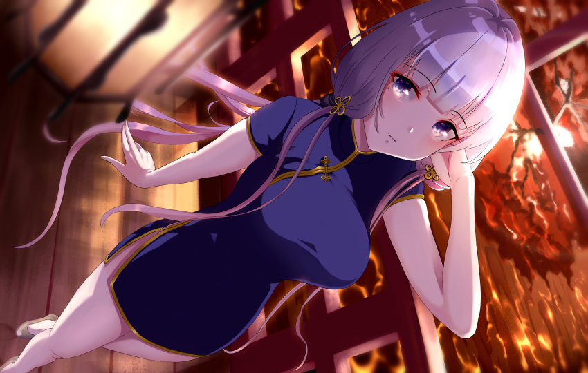 1girl akira_teacher azur_lane bangs blue_dress blue_eyes blunt_bangs blush breasts china_dress chinese_clothes closed_mouth commentary_request dress eyebrows_visible_through_hair hair_ornament hair_tie hand_up highres illustrious_(azur_lane) lavender_hair long_hair looking_at_viewer medium_breasts mole mole_under_eye shiny shiny_hair shoes short_dress side_slit sidelocks skindentation smile solo twintails very_long_hair