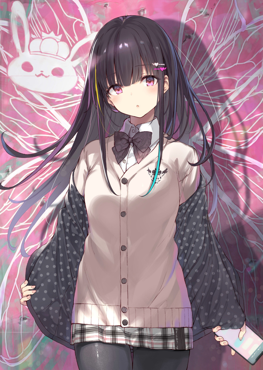 1girl absurdres bangs black_hair black_legwear blunt_bangs blush bow cardigan cellphone hair_ornament hairclip highres jacket long_hair looking_at_viewer nanananana off_shoulder original pantyhose phone plaid plaid_skirt school_uniform skirt smartphone violet_eyes