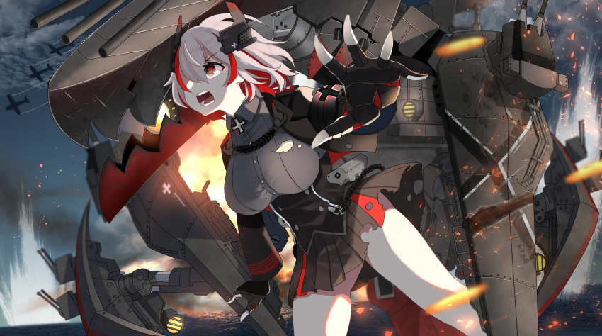 1girl aircraft airplane angry azur_lane bangs blonde_hair breasts brown_eyes commentary eyebrows_visible_through_hair hair_between_eyes headgear highres iron_cross jacket large_breasts long_sleeves multicolored_hair ocean open_mouth redhead rigging roon_(azur_lane) sanba_tsui short_hair skirt solo streaked_hair torn_clothes