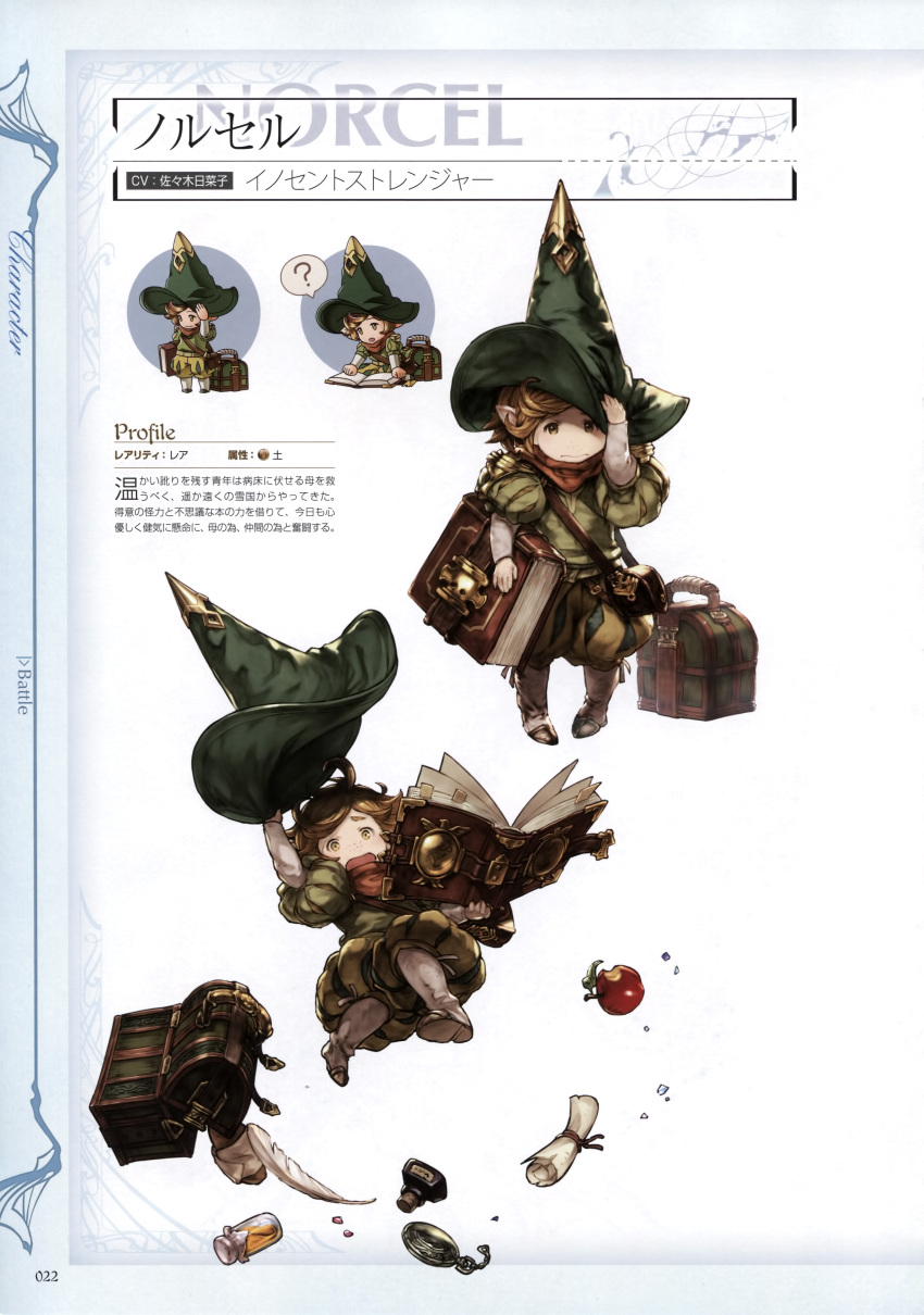 1boy absurdres ahoge apple bag book boots bottle character_name chibi chibi_inset feathers food freckles fruit full_body granblue_fantasy harvin hat highres male_focus minaba_hideo non-web_source norcel open_mouth orange_eyes orange_hair pointy_ears scan simple_background solo translation_request witch_hat wizard_hat