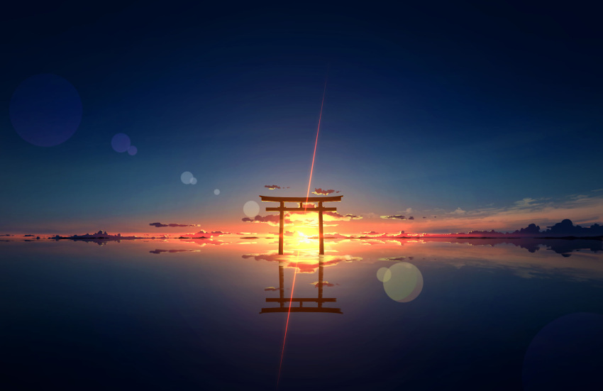 clouds highres kijineko lens_flare original outdoors reflection scenery sky sun sunlight sunset torii water