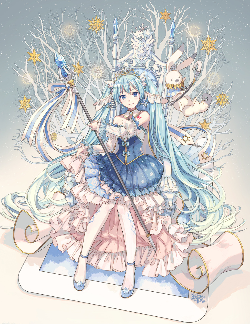 1girl absurdly_long_hair animal bare_shoulders beamed_eighth_notes blue_eyes blue_footwear blue_hair branch cane cape commentary crystal curtains detached_sleeves dress dress_bow frilled_skirt frilled_sleeves frills full_body hair_ornament hatsune_miku highres holding holding_skirt holding_staff ixima light_blush lion long_hair looking_at_viewer musical_note pantyhose princess puffy_detached_sleeves puffy_sleeves rabbit ribbon shoulder_tattoo sitting skirt sleeveless sleeveless_dress slippers smile snow snowflake_hair_ornament snowflakes staff staff_(music) statue tattoo throne tiara twintails very_long_hair vocaloid yuki_miku yukine_(vocaloid)