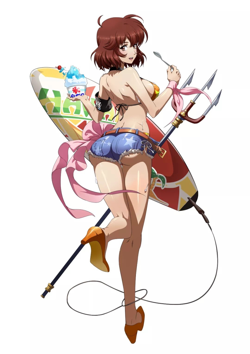 1girl ahoge armband ass ass_visible_through_thighs bare_arms bare_back bare_shoulders bikini bow breasts brown_eyes brown_hair cherry denim flare_(langrisser) food from_behind fruit full_body high_heels highres hip_focus holding ice langrisser langrisser_iii langrisser_mobile large_breasts leg_up legs looking_at_viewer looking_back official_art open_mouth polearm shaved_ice short_shorts shorts sideboob solo spoon surfboard surfboard_leash sweat swimsuit tag teeth thighs tongue trident weapon white_background